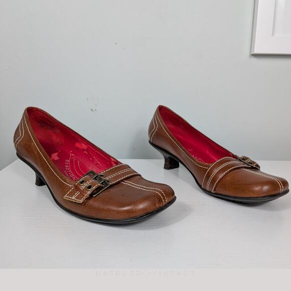 Vintage Y2K Kitten Heel Loafers 7 Brown Buckle Squre Toe Academia Twee Chunky - Picture 2 of 16